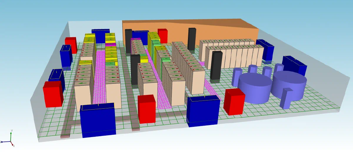 CoolSim model of an enterprise room with racks in rows and cooling units around the walls