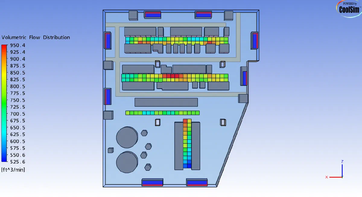 Plan view of perforated tiles colored by airflow