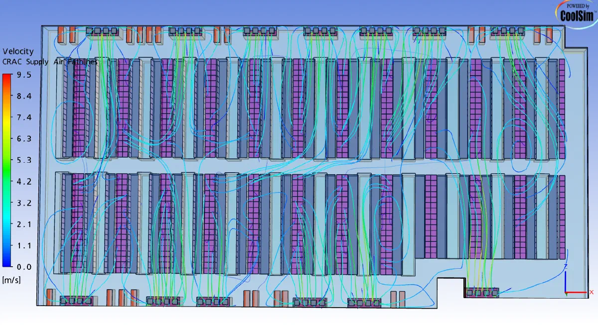 Plan view of supply air pathlines from the cooling units, colored by velocity