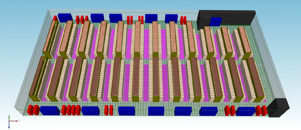 The colocation hall: 807 racks in hot-aisle-contained rows, 13 cooling units (blue) and 22 PDUs (red)