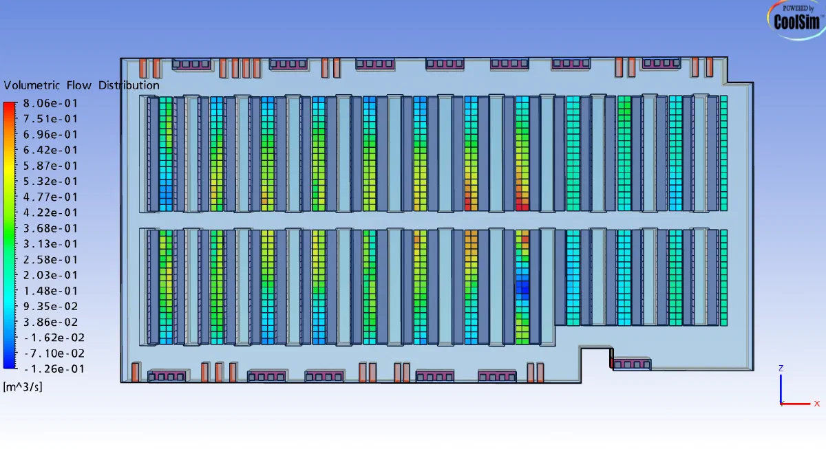 Plan view of perforated tiles colored by airflow, a few showing reverse flow