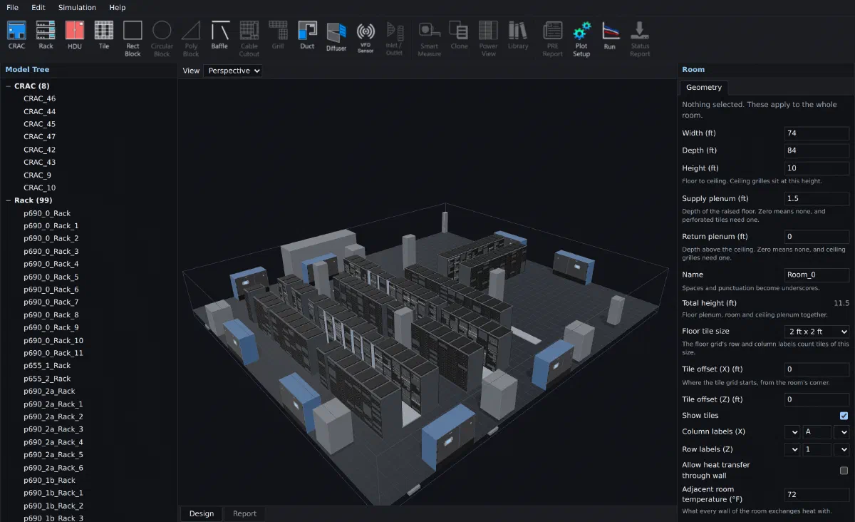 The CoolSim model builder with an example data center open: an equipment toolbar (CRAC, Rack, HDU, Tile, Duct, Diffuser), the model tree, a 3D view of the hall and the room settings