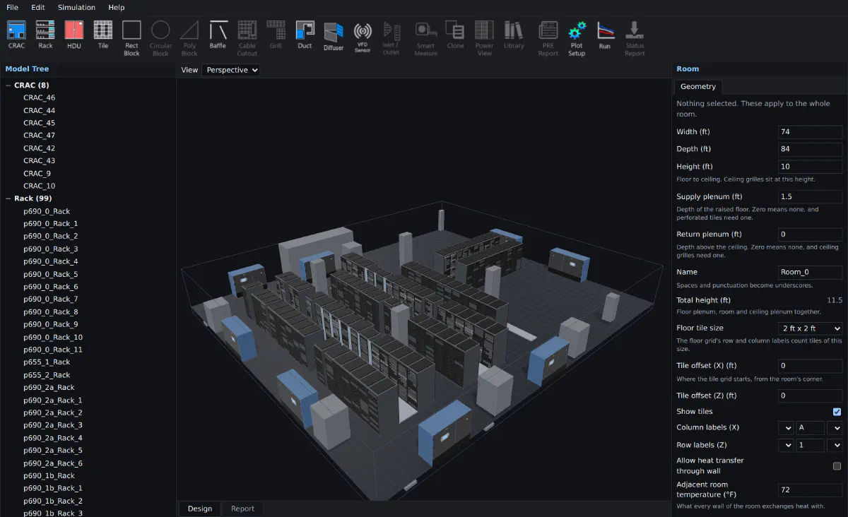 The CoolSim model builder with an example data center open: an equipment toolbar (CRAC, Rack, HDU, Tile, Duct, Diffuser), the model tree listing CRACs and racks, a 3D view of the hall, and the room's size and plenum settings