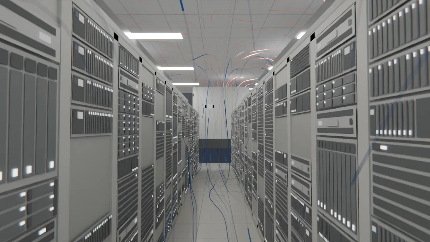 A cold aisle in a CoolSim model of a data center hall: cool supply air rising from the floor tiles, warm exhaust running back over the ceiling to the cooling units