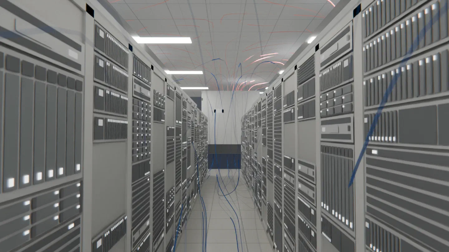 A cold aisle in a CoolSim model of a data center hall: cool supply air rising from the floor tiles, warm exhaust running back over the ceiling to the cooling units