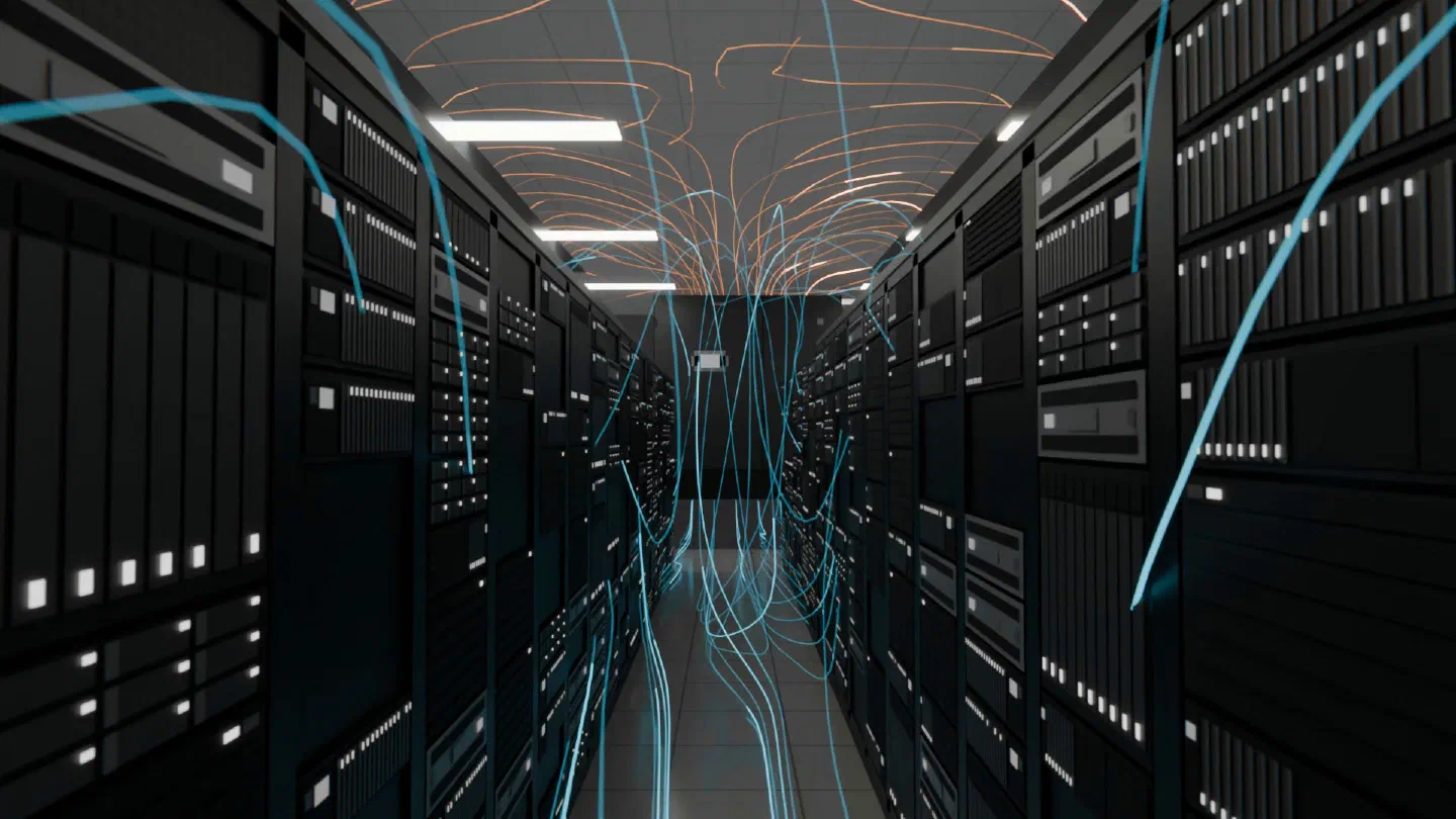 A cold aisle in a CoolSim model of a data center hall: cool supply air rising from the floor tiles, warm exhaust running back over the ceiling to the cooling units