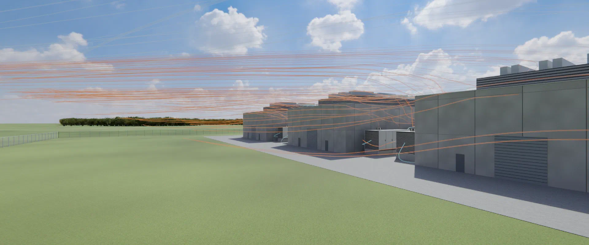 Warm exhaust air, drawn in orange, drifting over a row of data center buildings