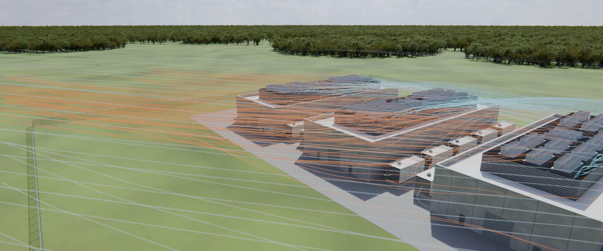 A close aerial view of data center halls and rooftop equipment, with orange exhaust streamlines crossing the roofs