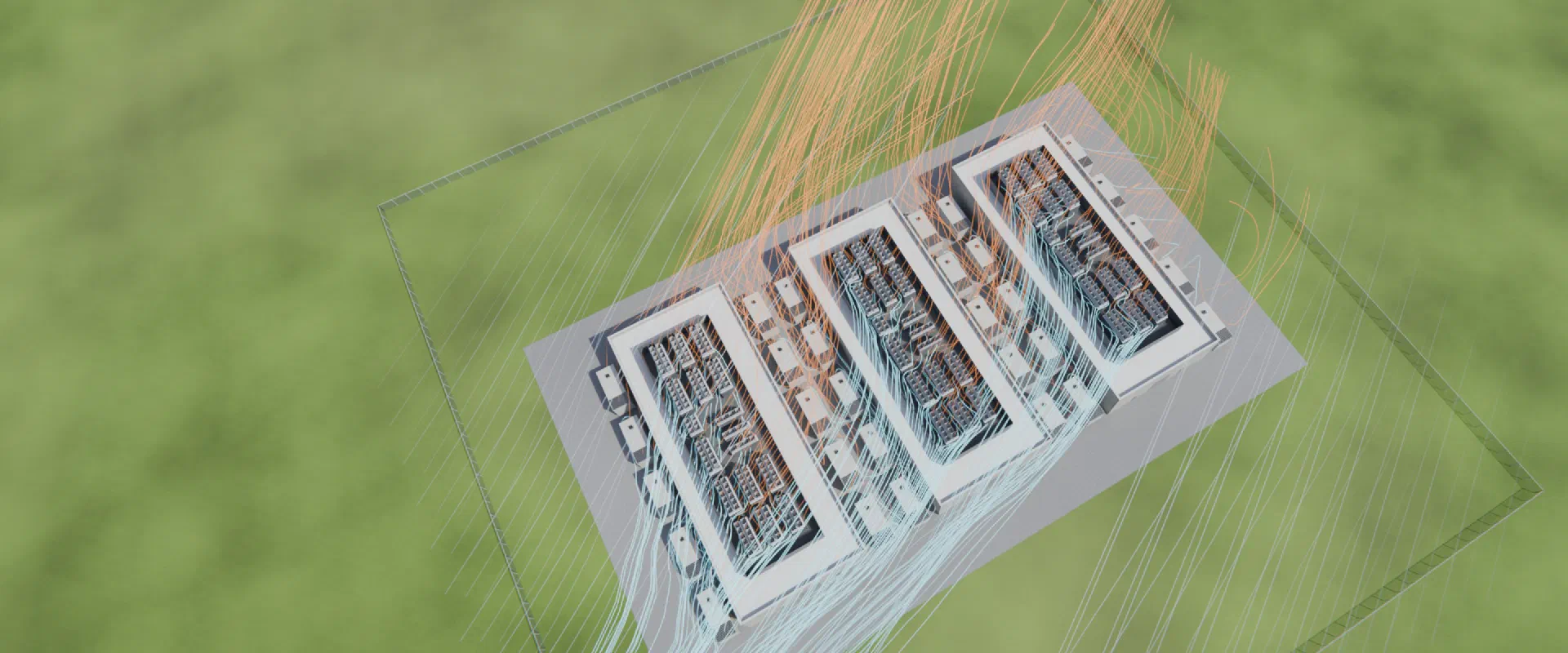 Three data halls seen from above, with blue wind streamlines and orange exhaust plumes rising from the roofs