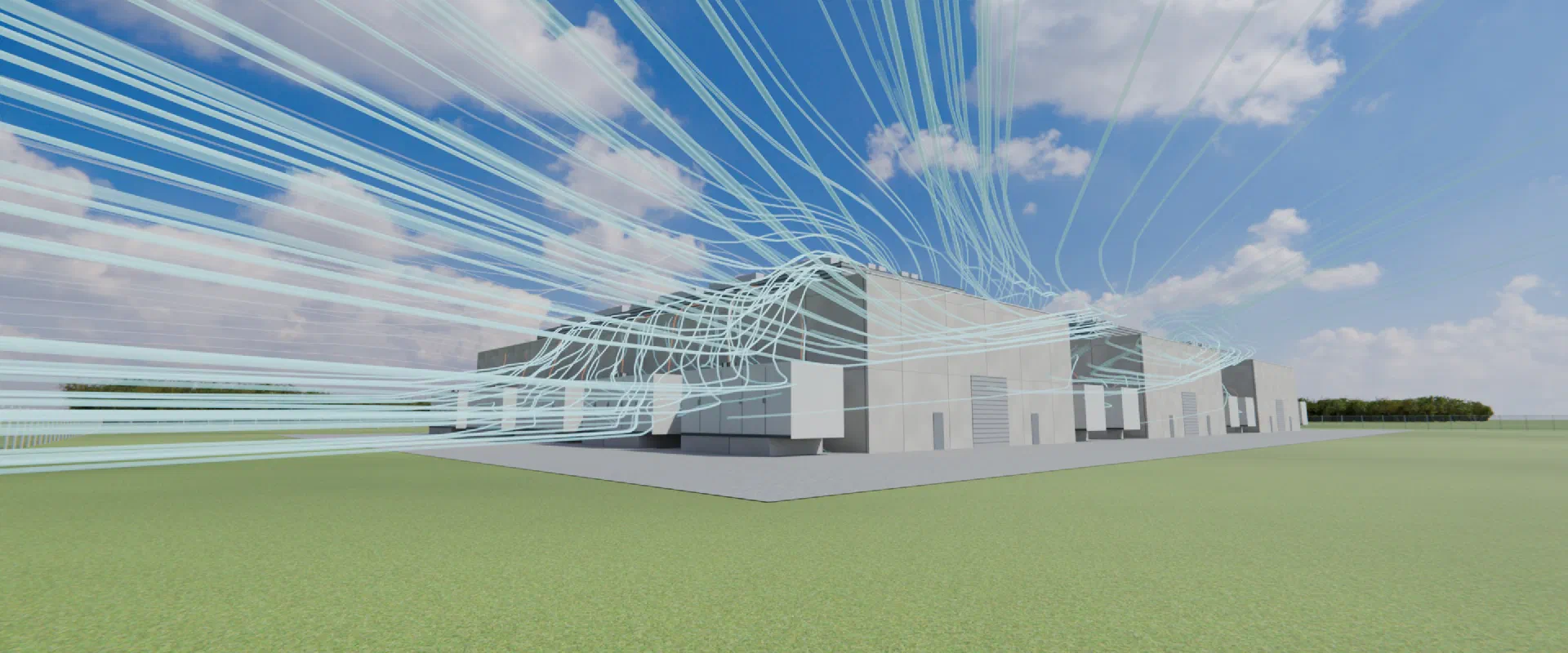 Wind, drawn as blue streamlines, flowing over a data center building