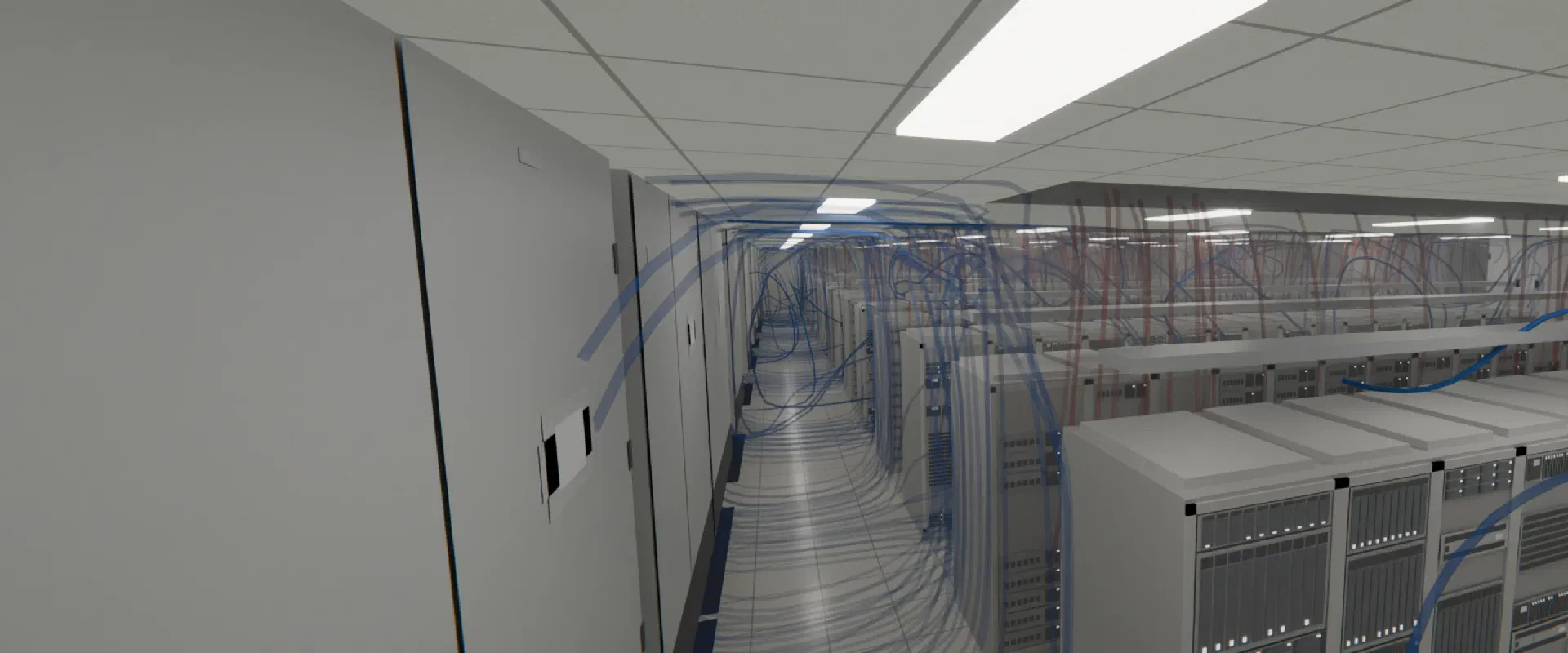 Cold supply air, drawn as blue streamlines, sweeping up a data hall's cold aisle