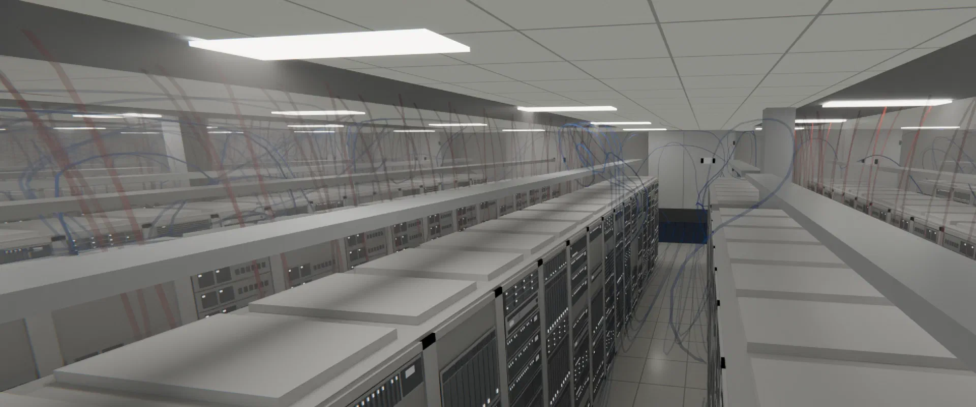 Blue supply air swirling through a cold aisle in a data hall while orange exhaust rises from the racks
