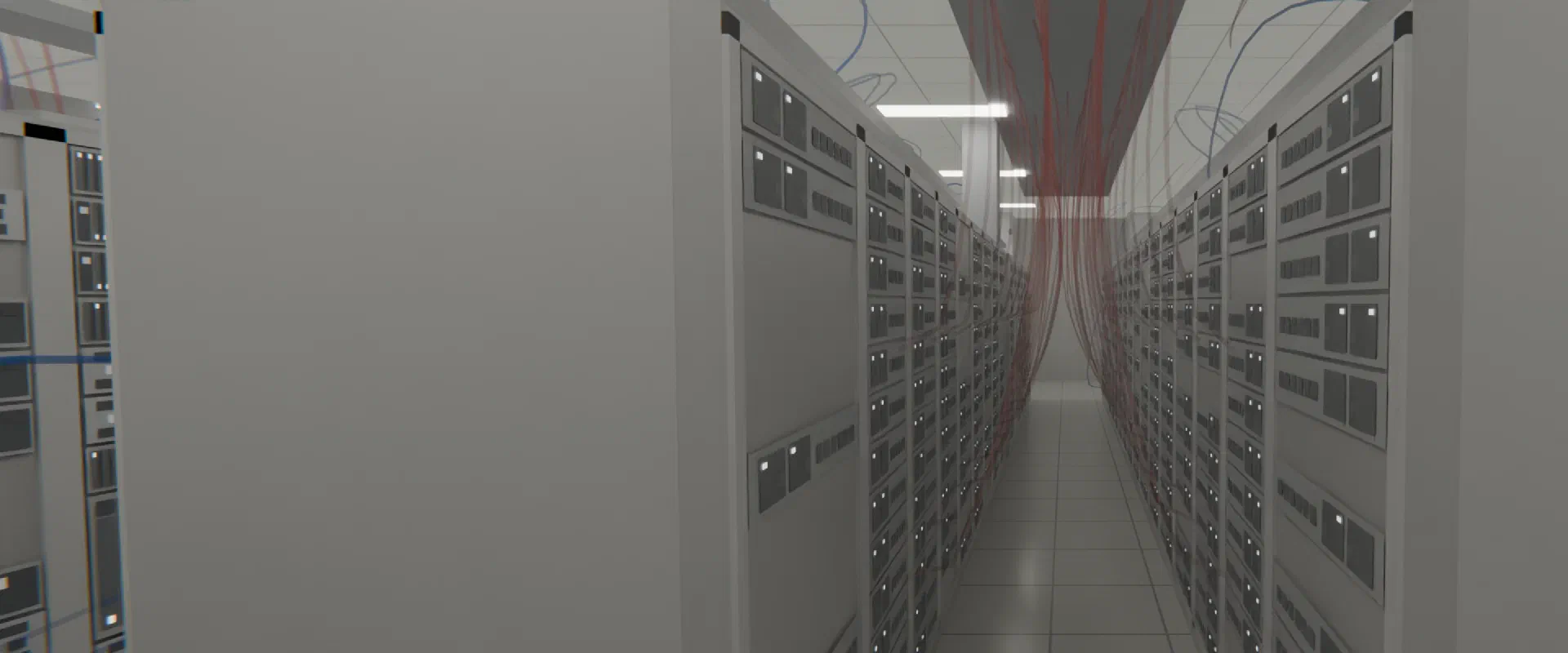 Looking down a hot aisle between two rack rows as orange exhaust air converges toward the ceiling