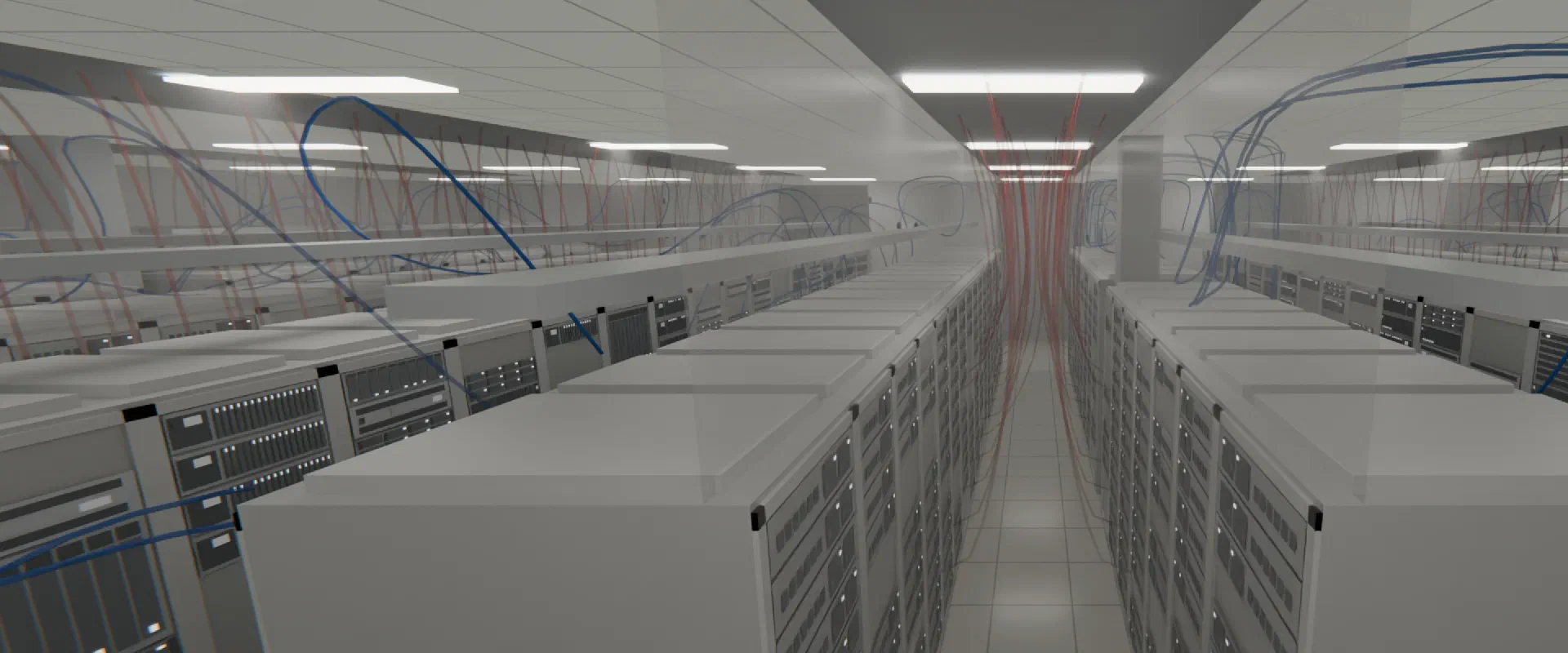 Hot exhaust air, drawn in orange, rising out of a data hall's hot aisle to the ceiling returns