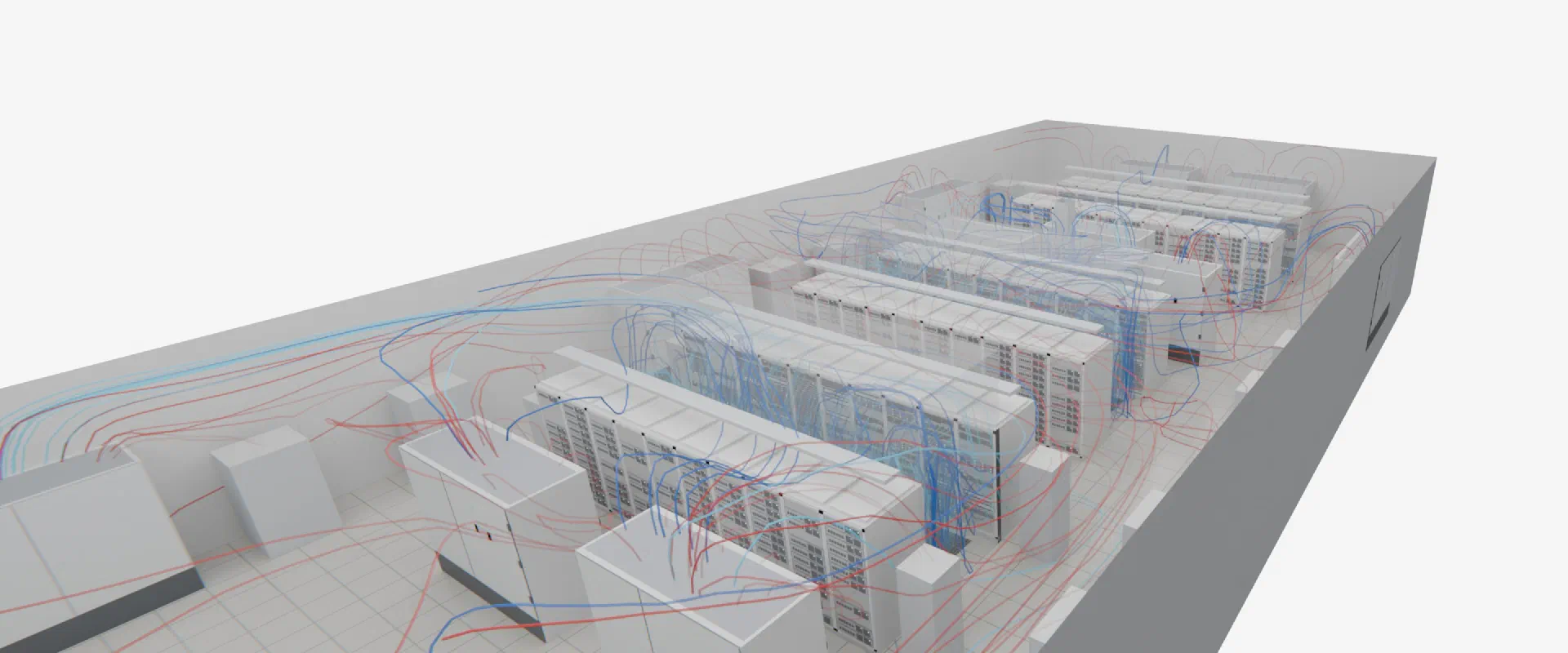 A server room model from a high corner, with blue supply and orange exhaust streamlines around its rack rows