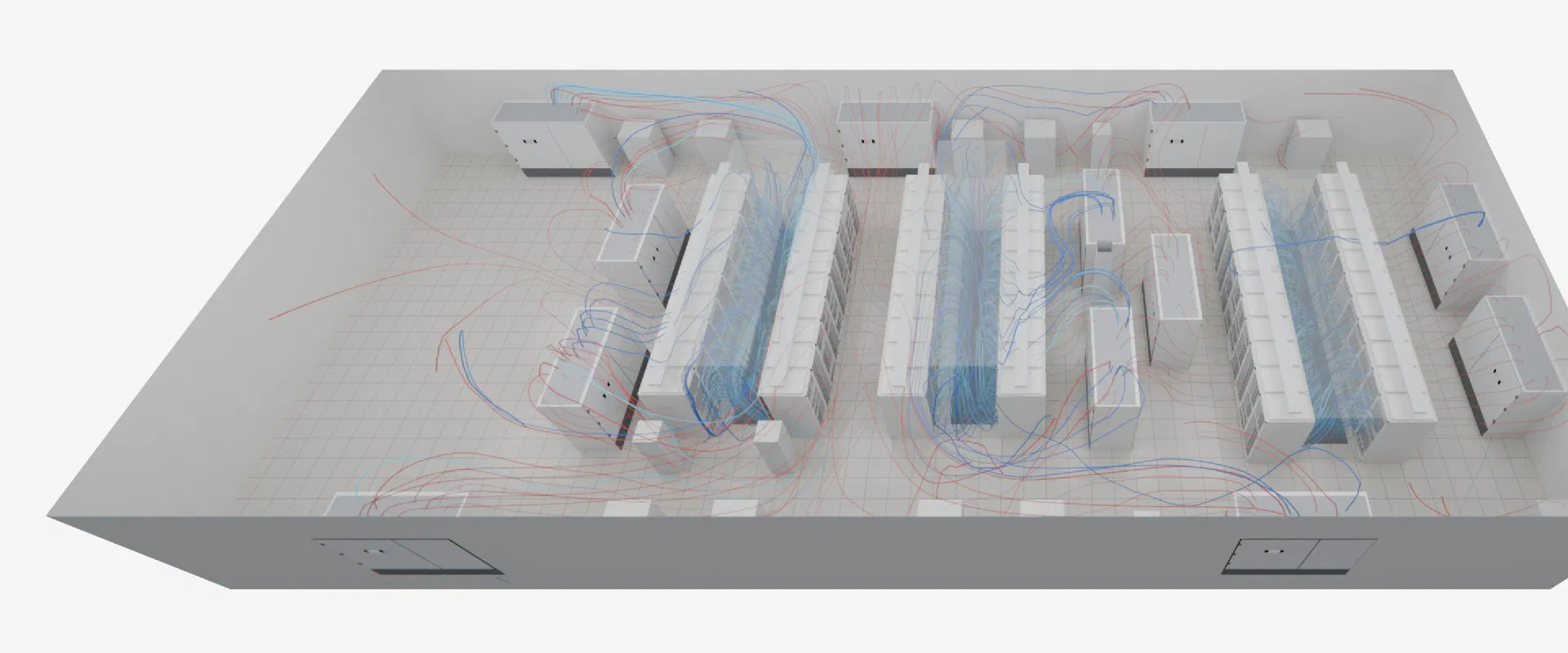 A server room from above with its ceiling removed, showing contained aisles and blue and orange airflow