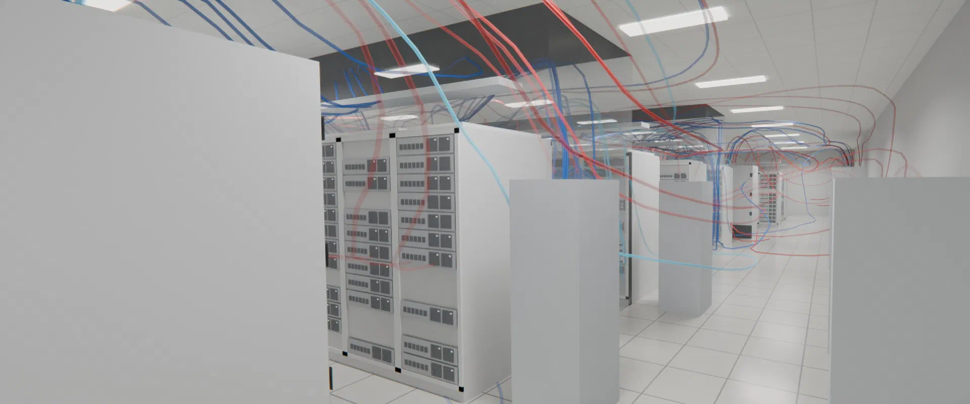 A white-floored server room with racks, columns and blue and orange airflow streamlines