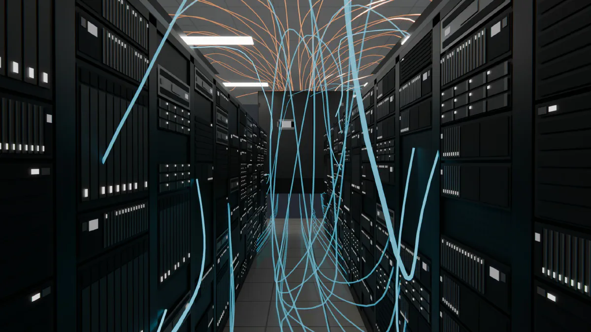 View down a cold aisle between two rows of racks, with blue airflow lines rising from the floor and orange lines along the ceiling