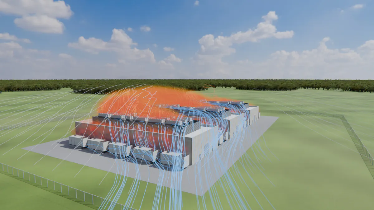A data center campus in a fenced field: blue wind lines sweep across the site and an orange cloud of warm air hangs over the rooftop equipment