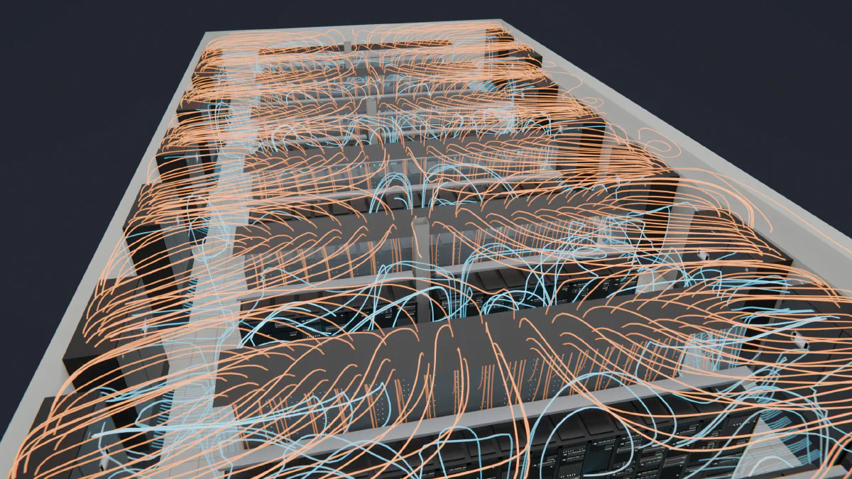 Rendered airflow lines over rows of racks in contained aisles, with cooling units along the walls