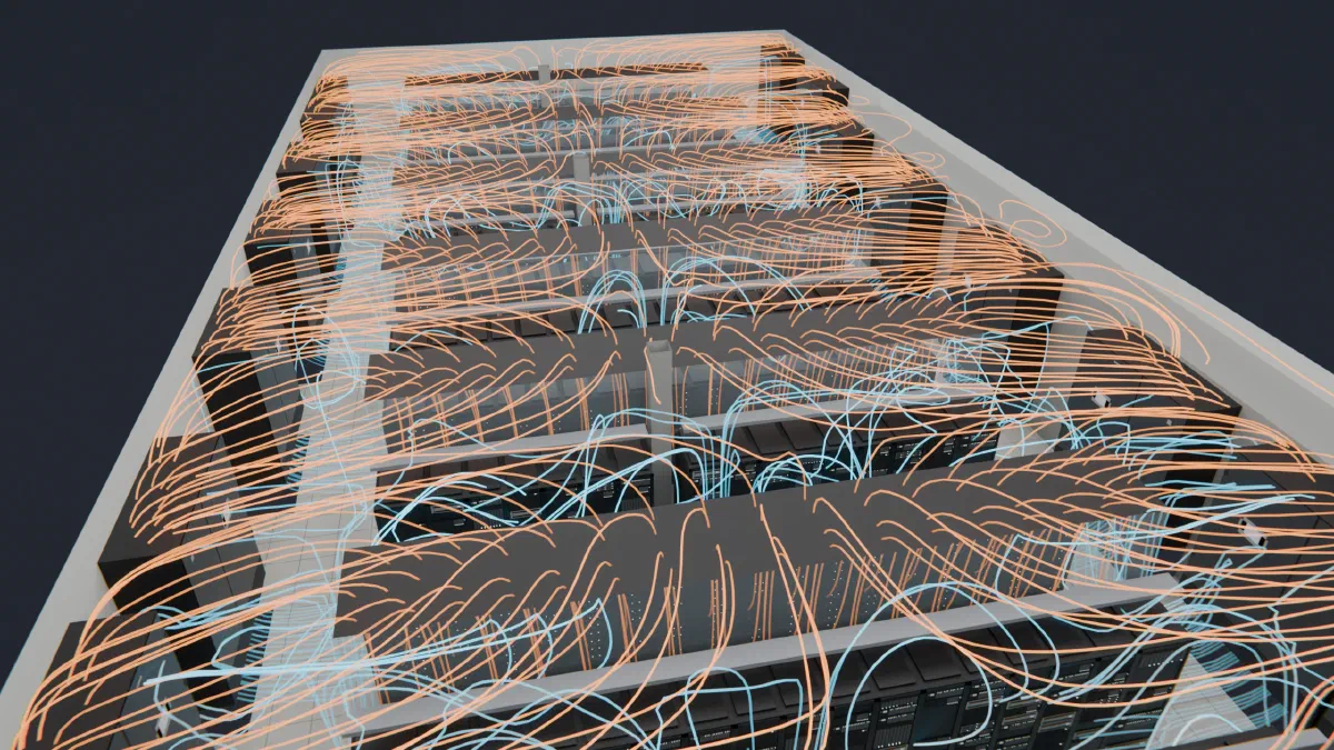 Rendered airflow lines over rows of racks in contained aisles, with cooling units along the walls