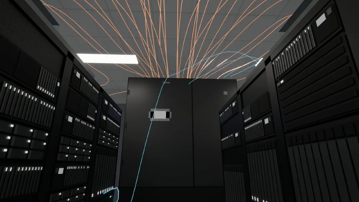 A cooling unit at the end of a row of racks, with orange airflow lines running along the ceiling into its top