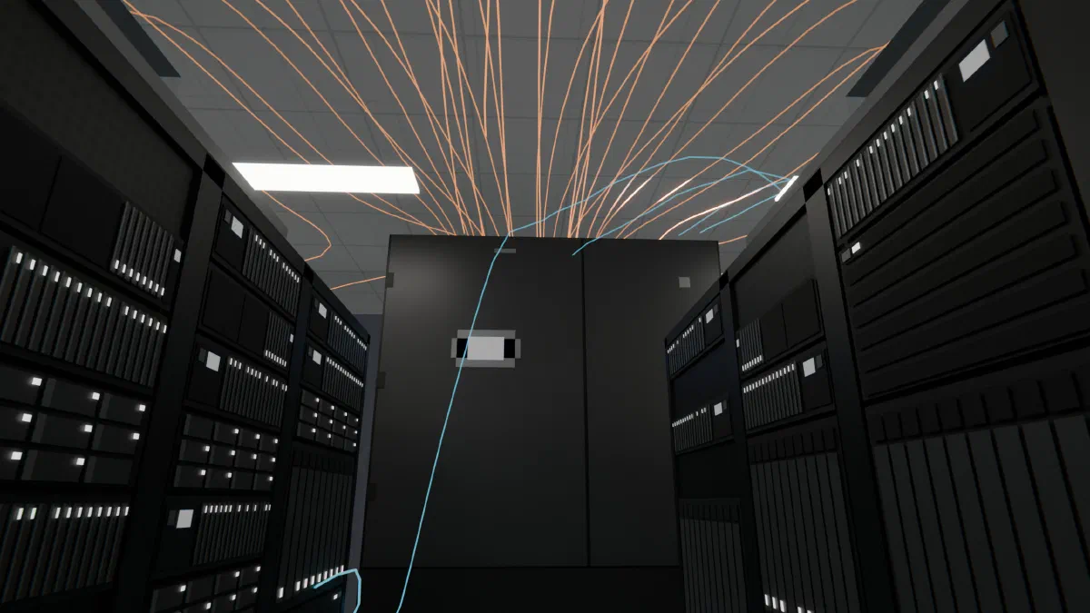 A cooling unit at the end of a row of racks in a CoolSim model of a data center hall, with orange airflow lines running along the ceiling into its top