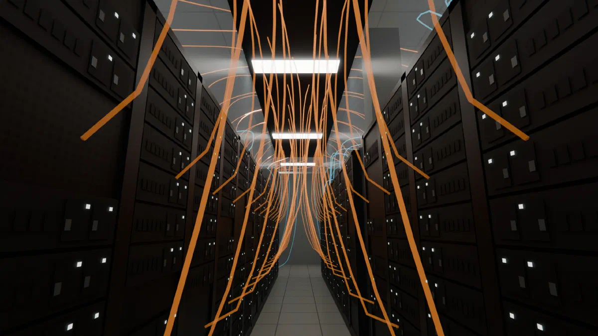 Looking down a hot aisle in a data center hall: orange airflow lines leave the racks on both sides and rise toward the ceiling