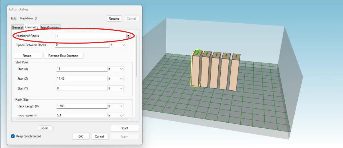 Multiple rack row objects spaced out
