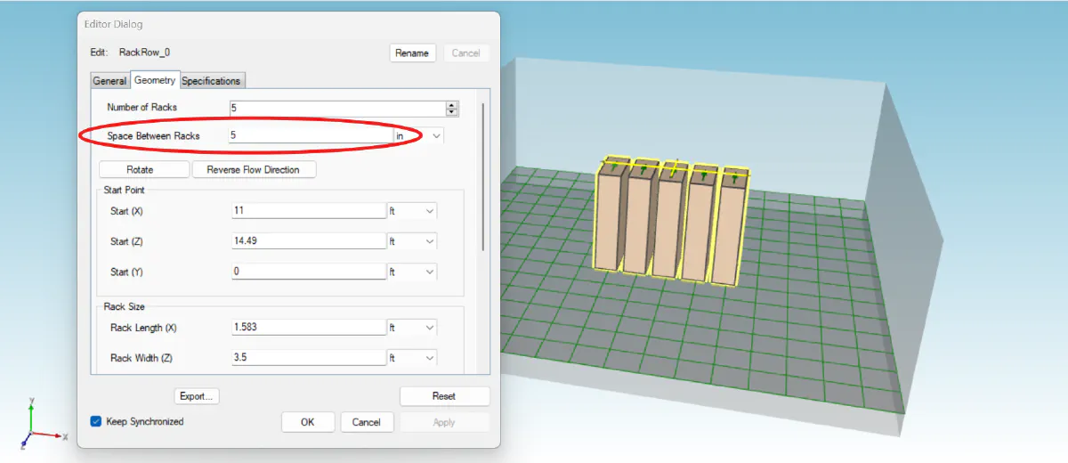 Rack row object with spacing value