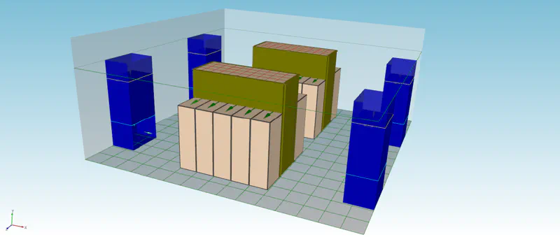 Data center model using CRAC units with turning vanes and plenum extensions