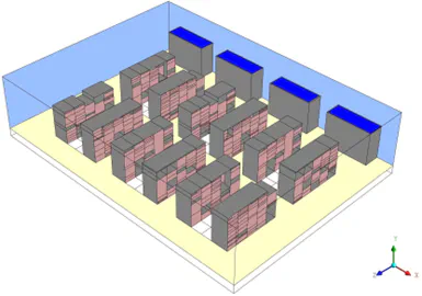 The geometry of the raised-floor data center showing racks of IT equipment (pink faces) and CRACs (blue tops)