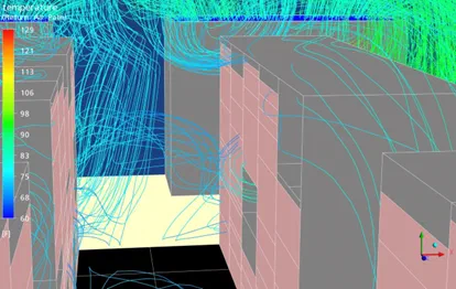 Return air pathlines show the entrainment of exhaust air through gaps between the middle tile row