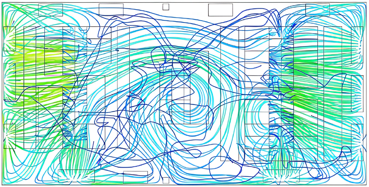 Pathlines in the supply plenum, shaded by speed; the darker lines represent the more slowly moving supply air , most of which is show nafter it enters the room