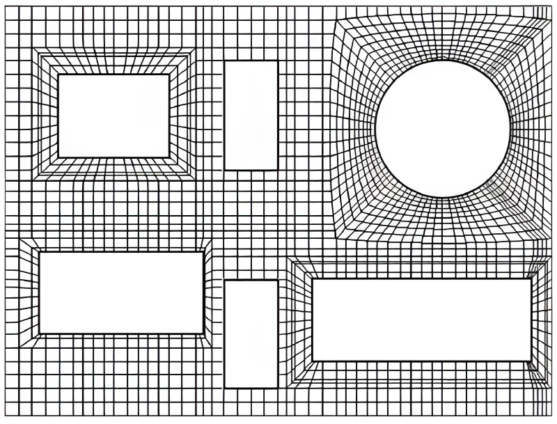 A Cartesian mesh is used for most of the region and around the two elements in the middle, while O-type grids are used for the rectangular and circular elements on the sides