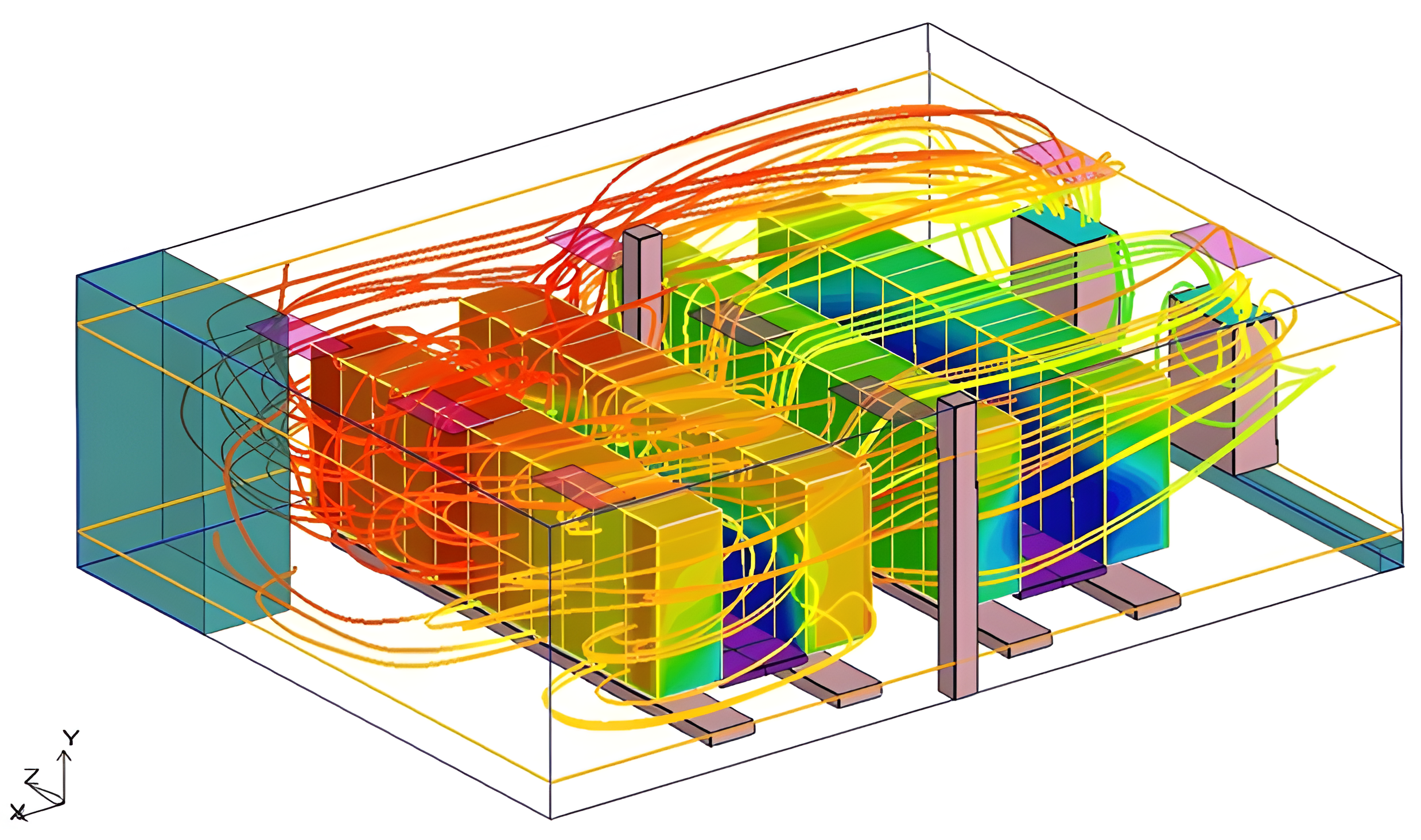 A CFD model of a raised-floor data center showing temperatures on the s urfaces of the rack rows and pathlines of return air, shaded by temperature