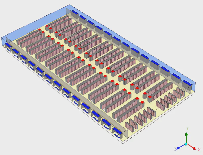 An isometric view of the data center showing the rack rows (pink), PDUs (red) and perimeter CRACs (blue)