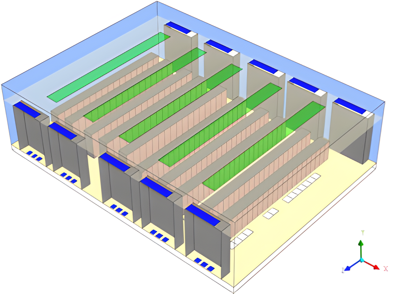Isometric view of the room geometry, showing the rack rows (pink and gray), CRACs (blue tops), perforated floor tiles (white) and overhead ceiling grilles (green)