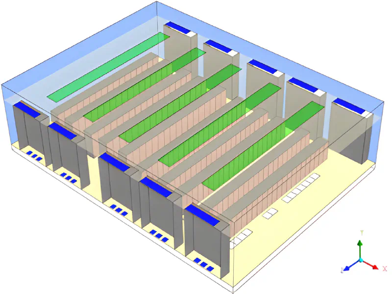 Isometric view of the room geometry, showing the rack rows (pink and gray), CRACs (blue tops), perforated floor tiles (white) and overhead ceiling grilles (green)