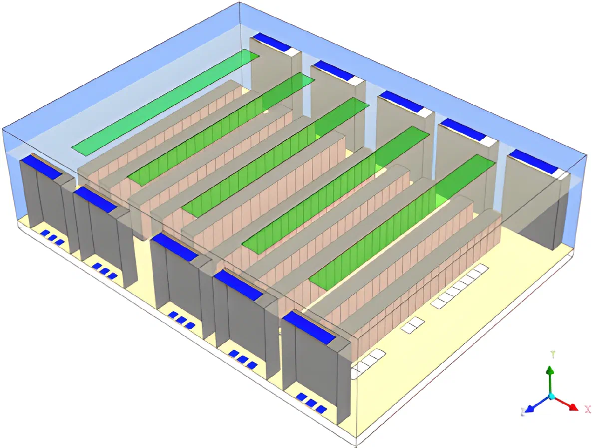 Isometric view of the room geometry, showing the rack rows (pink and gray), CRACs (blue tops), perforated floor tiles (white) and overhead ceiling grilles (green)