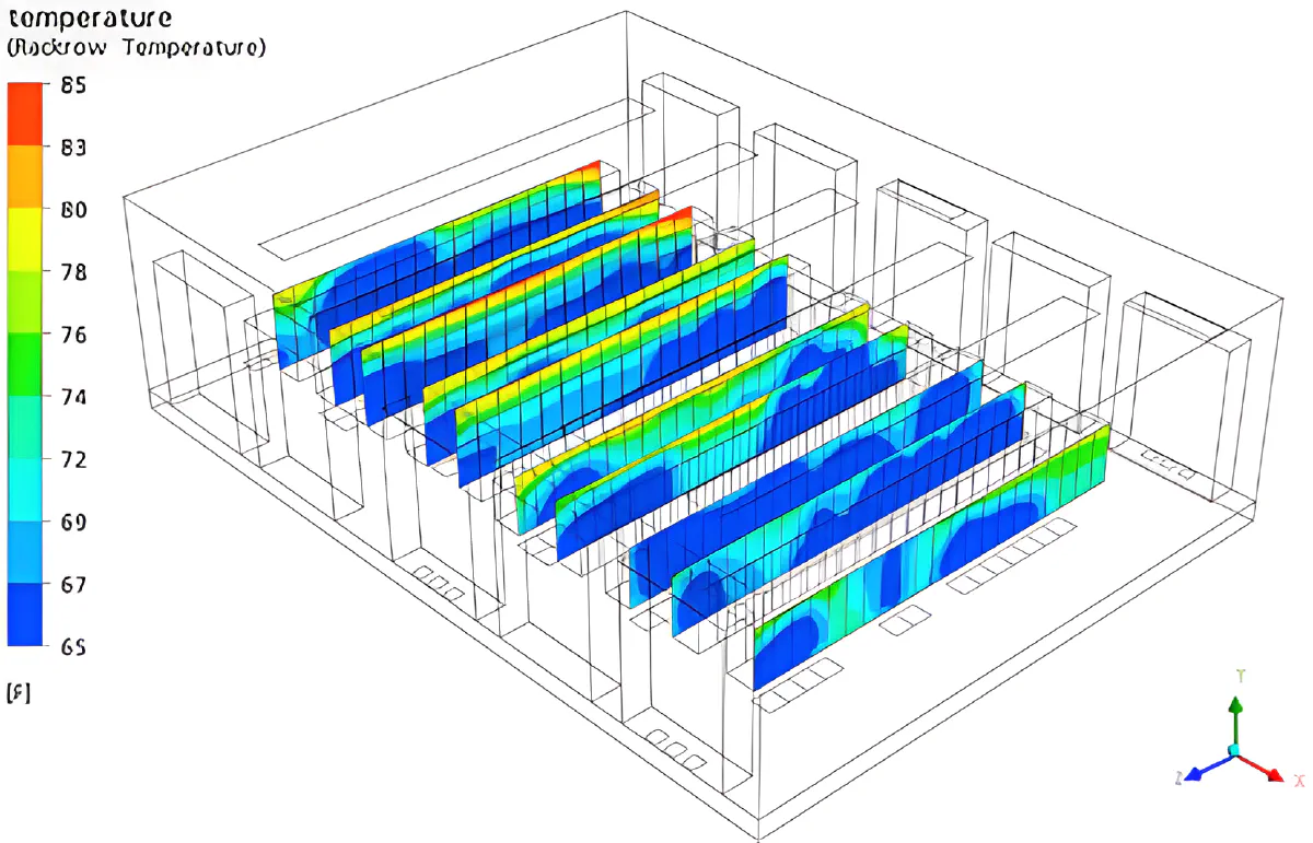 Rack inlet temperatures corresponding to 65°F CRAC supply temperatures for Trial 1 where Zones 1, 2, and 4 are disabled